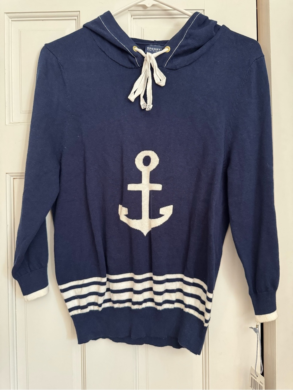 Navy and White Anchor Hooded Women's Sweater